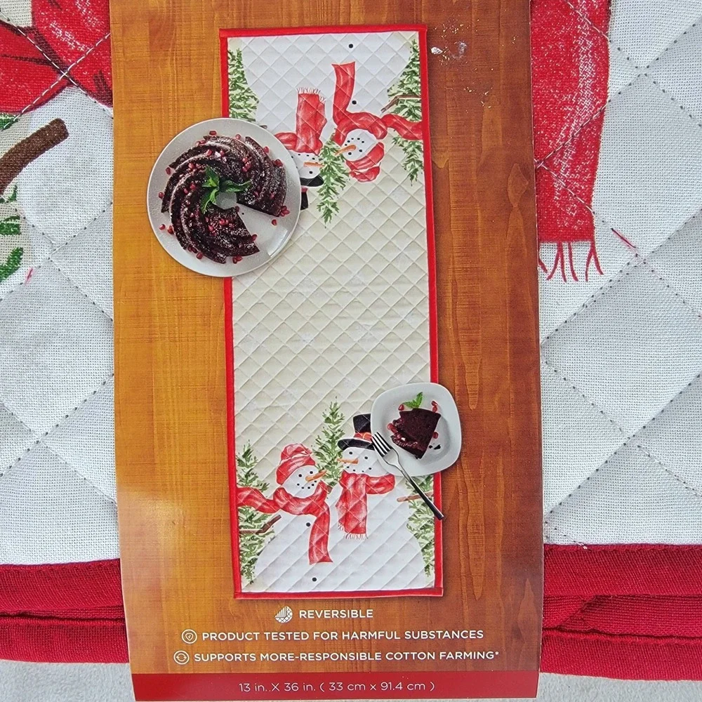 Yuletide Snowman Christmas Quilted Table Runner Reversible 13x36 Holiday Decor